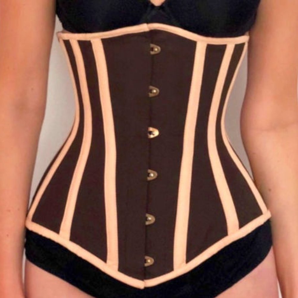 Corset Story longline underbust corset, brown with beige trim